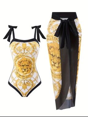 Women’s White & Gold Lion Print One-Piece Swimsuit with Black Sarong